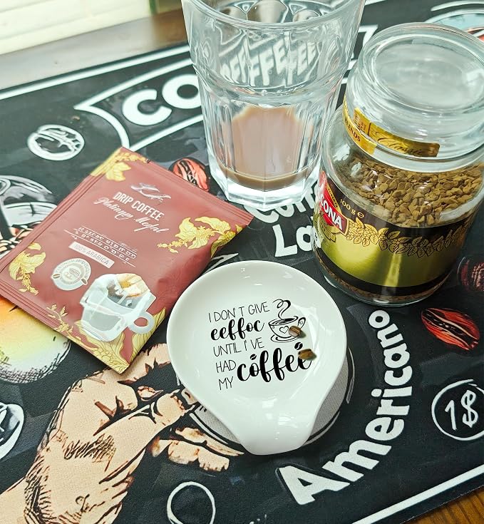 Coffee Spoon Rest, Coffee Bar Accessories & Spoon Holder, I DON'T GIVE EEFFOC UNTIL I 'VE HAD MY COFFEE Ceramic Spoon Holder for Coffee Lovers Gifts for Friend Wife Husband Sister (White-1)