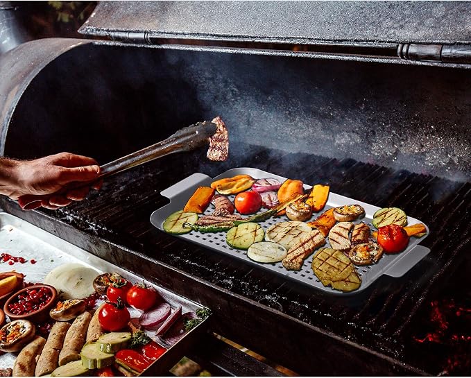 Grill Topper Grilling Pans Set of 2, 17"x10" and 13.3"x7.4" | Non-Stick, Barbecue Trays, Durable with Holes, Metal Topper Baskets, For Barbecue & Smoked Meat, Vegetables & Seafood
