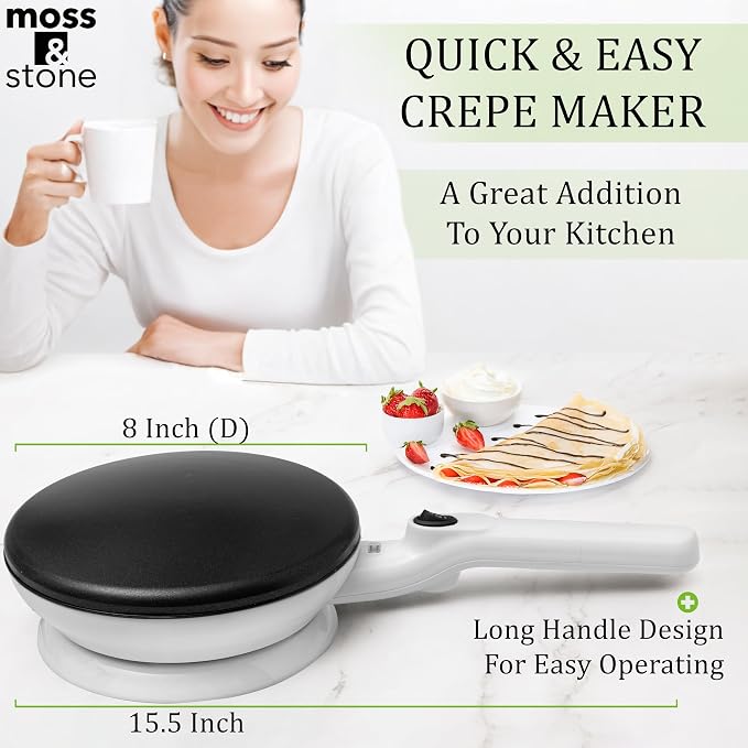 Moss & Stone Cordless Electric Crepe Maker, 8" Portable Nonstick Crepe Pan | Nonstick dipping plate, auto shut-off, on/off switch, even heating, dual temperature setting, compact design
