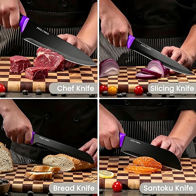 14 Pcs Kitchen Knife Block Set with Sharpener German High Carbon Stainless Steel Chef Knives, Razor-Sharp & Durable, Lightweight Anti-Slip Handle, Professional Set for Home & Kitchen (Purple)