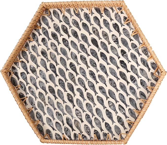 Hexagon Rattan Tray with Mother of Pearl Inlay, Rattan Serving Tray for Coffee, Bread, Fruits, Snacks, Decorative Wicker Tray for Table Decor, Home Decor (Black Fish, 14.5"×12.8")