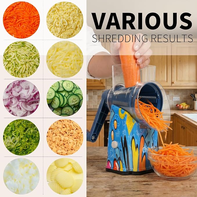 Upgrade Rotary Cheese Grater Shredder with Handle, Strong Suction Base, Multi-purpose Rotary Grater Slicer with 5 Interchangeable Blades for Ice, Vegetables, Fruit, Nuts with Blade Storage Box
