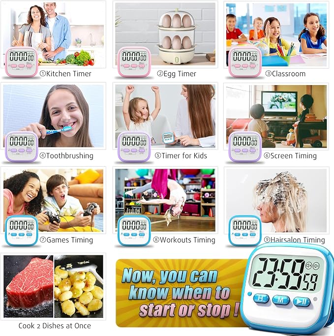2 Pack Classroom Timers for Kids Teachers, Magnetic Countdown Digital Kitchen Timer for Cooking, Study, Exercise, Games, Time Mangement - Loud/Silent Mode - Battery Included