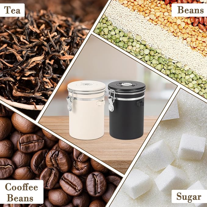 Garvee 2-Pack 22oz Stainless Steel Airtight Coffee Canister, 304 Stainless Steel Food Storage Container with Date Tracker and Measuring Scoop for Coffee Beans, Tea, Sugar, Cereal - Matte Black & Beige