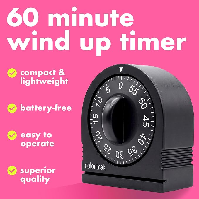 Colortrak 60 Minute Wind Up Timer, No Batteries Required, Black | Mechanical Visual Countdown for Salon Color Processing, Chemical Services, Tanning, Kitchen & Kids Activities