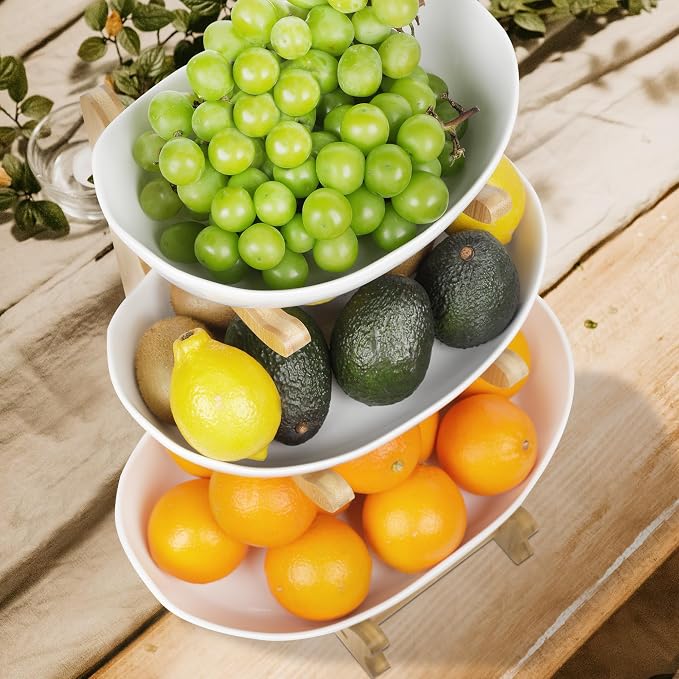 Seven Sparta 3 Tier Fruit Bowl for Kitchen Counter (PLUS Series) / Ceramic Serving Bowls with Bamboo Stand/Big Size Tiered Fruit Basket for Fruit Vegetable Storage, Dessert, Salad Buffet Server