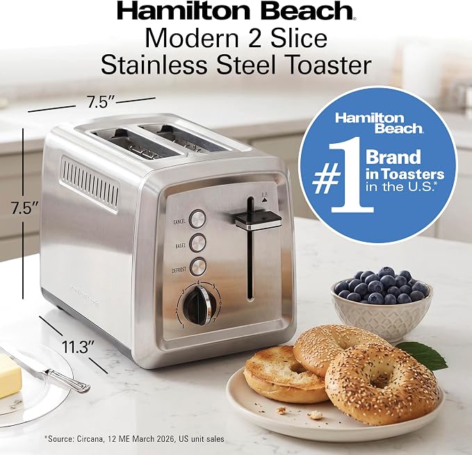 Hamilton Beach 2 Slice Toaster with Extra-Wide Slots, Bagel Setting, Toast Boost, Slide-Out Crumb Tray, Auto-Shutoff & Cancel Button, Defrost Function, Stainless Steel (22794) | Browning Control With 7 Shades | Auto Shutoff | Toast Boost | Slide-Out Cr...