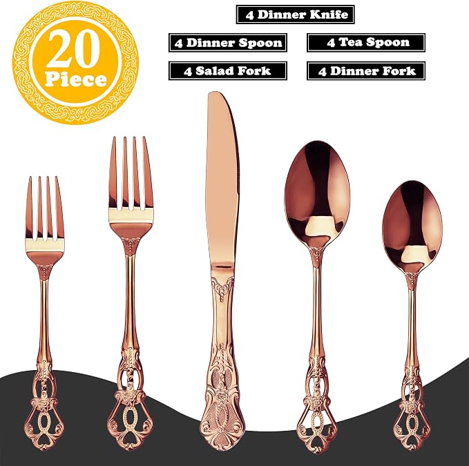 Runfly Gorgeous Retro Royal Rose Gold Stainless Steel 20-Piece Flatware Set | Silverware Set for 4, Anti-rust Cutlery Set Utensils Kitchen Including Fork Spoon and Knife