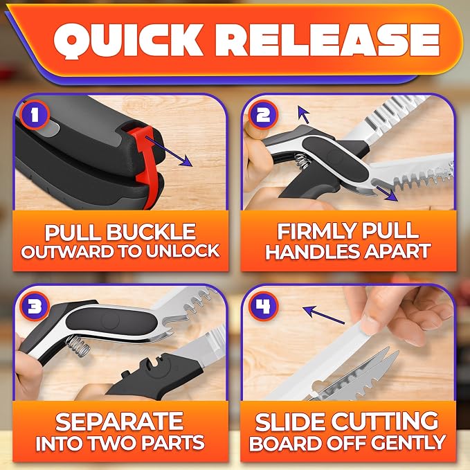 6 in 1 Cutting Board Scissors for Food, Detachable Knife | Cheese Scissors with Built-In Fish Scaler, Bottle Opener and Safety Lock; Dishwasher Safe, Ribbed Blade for Meat & Vegetables