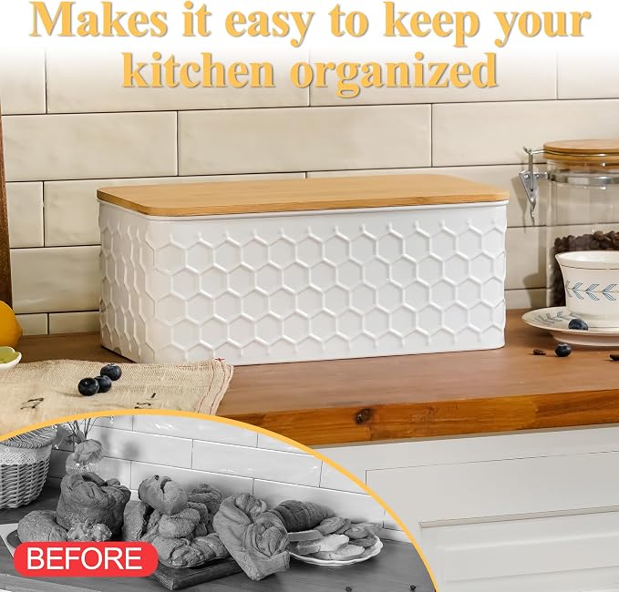 Large White Honeycomb Embossed Bread Box with Bamboo Lid | Corner Breadbox for Homemade Bread, Metal Bread Storage Container Bin for Kitchen Countertop