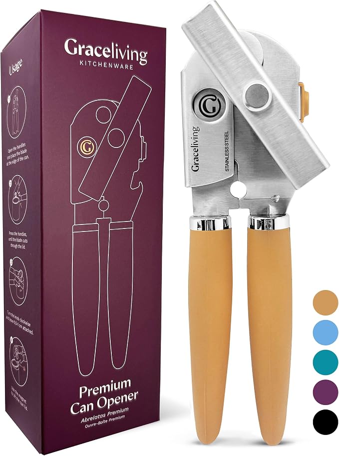 Heavy Duty Manual Can Opener with Magnetic Lid Lifter, Orange | Premium Stainless Steel Body, Sharp Cutting Blade, Oversized Easy-Turn Knob, Soft-Touch Handle, Bottle Opener, Kitchen Use