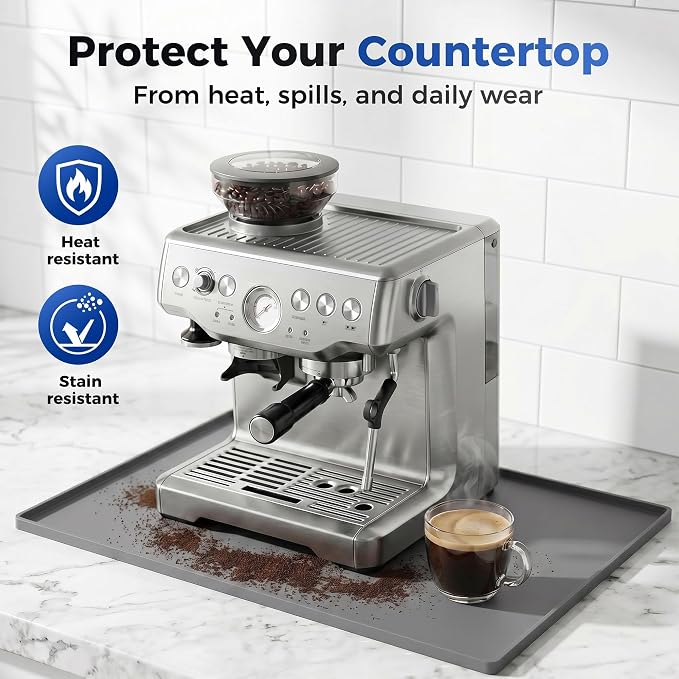 Golener Coffee Bar Mat, Silicone Coffee Mat with Raised Edges, 24"x16" | Coffee Mat for Countertop, Waterproof Coffee Station Mat, Dish Drying Mat Under Rack, Heat Resistant Coffee Machine Mat, Gray