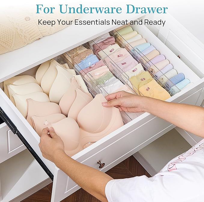 Vtopmart 4" High Drawer Dividers for Clothes, 13"-22" Adjustable, 4 pack | Expandable Dresser Drawer Organizer, Clear Plastic Separators for Dresser, Baby Clothing, Underwear, Cosmetic, Toiletries