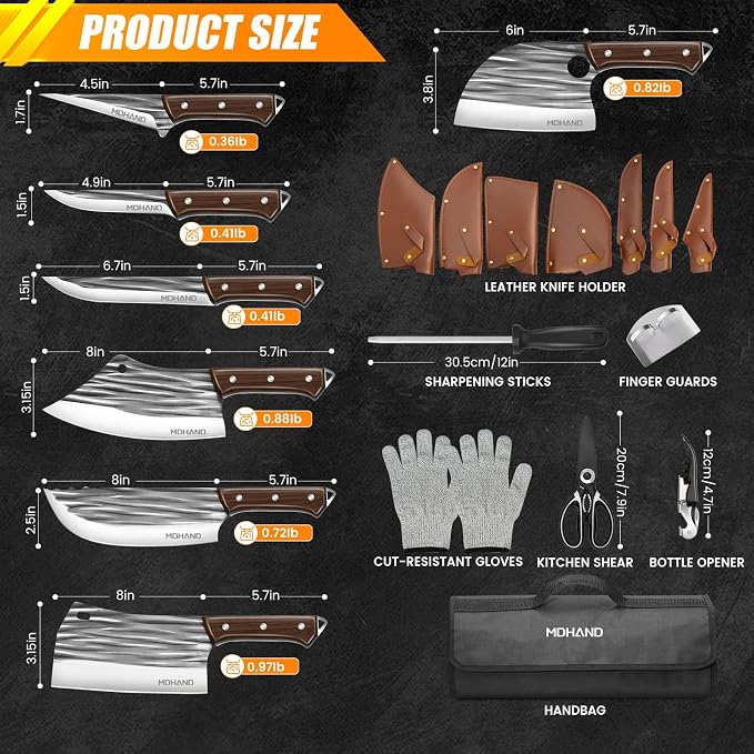 Butcher Knife Set, Hand Forged Kitchen Chef Knife Set with Roll Bag | High Carbon Steel 14PCS Meat Cleaver Knife, Bone Chopper Knives, Fillet Knives for Kitchen, Camping Outdoor BBQ, Gift for Men