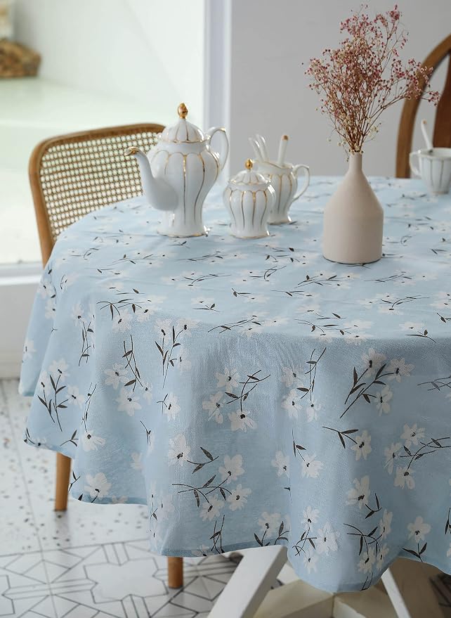 Pastoral Round Tablecloth - 60 Inch Dia. - Linen Fabric Table Cloth - Washable Table Cover with Dust-Proof Wrinkle Resistant for Restaurant, Picnic, Indoor and Outdoor Dining, Floral (Light Blue)