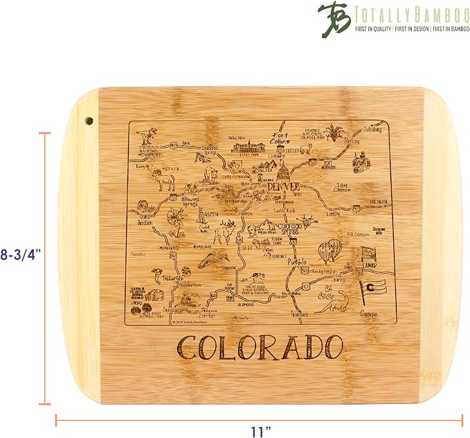 Totally Bamboo A Slice of Life Colorado Engraved Map Cutting Board | 11” x 8.75” charcuterie board with engraved state map artwork. Smooth reverse side for food prep. Hang tie for wall display.
