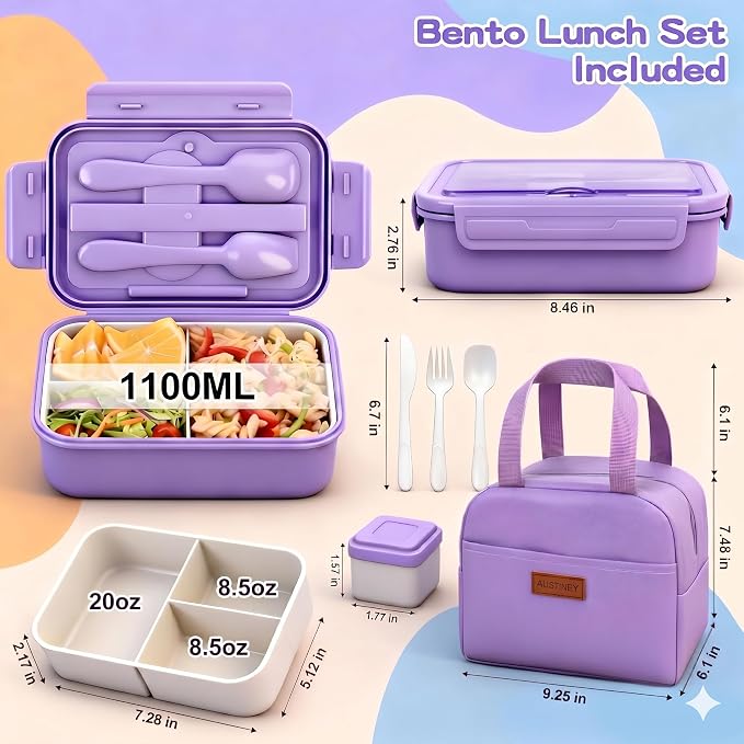 Bento Box Set for Women & Girl, 1100ml Stackable Containers Purple | Includes lunch bag, spoon, fork, sauce box,BPA-free & dishwasher safe,For adults.child, school, work, office, travel, picnic