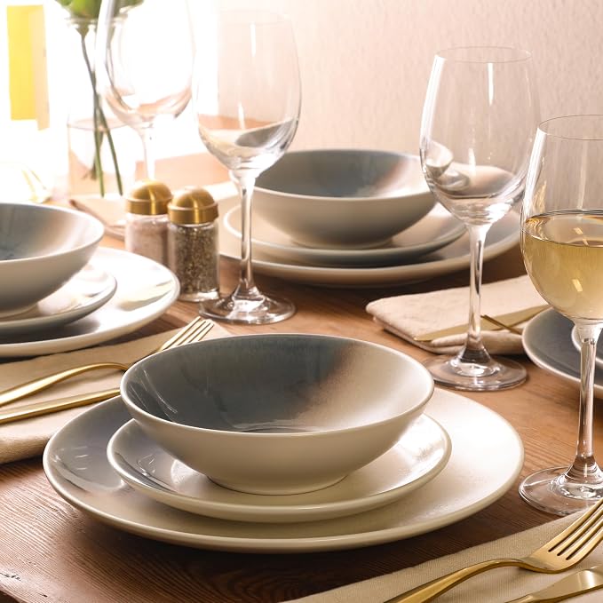 Gibson Elite Crescenton Plates and Bowls Sets, 12-Piece Blue Stoneware Dinnerware Sets, Round Reactive Glaze Dish Set