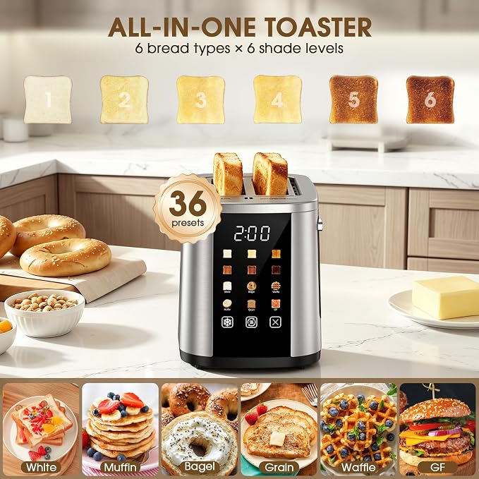 Foyoconven 2 Slice Toaster with Touch Screen, 1.5" Extra Wide Slots for Bagels & Thick Bread, Stainless Steel, Digital Countdown Timer, 6 Shade Settings, Defrost/Reheat/Cancel, Removable Crumb Tray