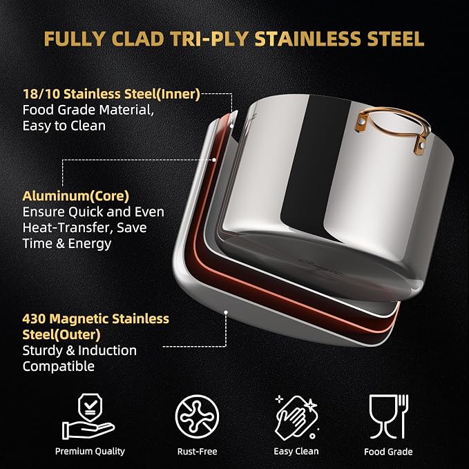 Ciwete 12 Quart Stock Pot with Lid, Upgraded Tri-Ply Stainless Steel Pot, Seamless Large Cooking Pot with Stay-Cool Brass Handle, Healthy Polished Stockpots, Induction Cookware, Oven & Dishwasher Safe