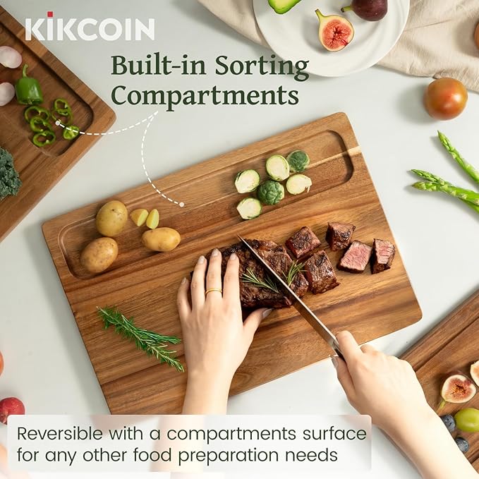 Kikcoin Acacia Wood Cutting Board Set of 3, Wooden Cutting Boards for Kitchen with Deep Juice Grooves, Butcher Block Wooden Chopping Board for Meat, Large Solid Charcuterie Boards Serving Tray