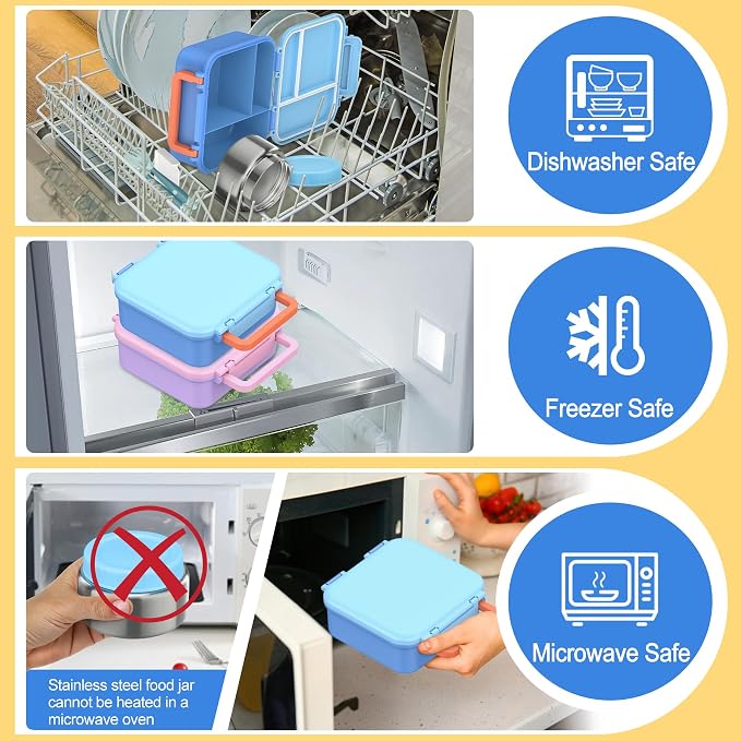 Bento Lunch Box for Kids with 9oz Thermo, Waterproof Kids Stickers, Leak-proof Lunch Containers with 3 Compartments,Kids-friendly Size,Durable/Dishwasher Safe Lunch Box for School Outdoors-Blue