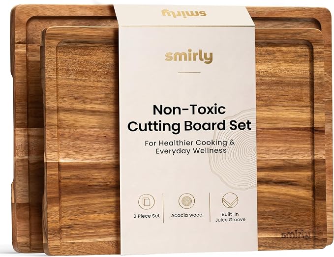 SMIRLY Acacia Wood Cutting Board - 2 Pack Cutting Boards for Kitchen | Non Toxic Acacia Cutting Board with Juice Grooves and Handles, Multiple Sizes Chopping Board for Meal Prep & Charcuterie
