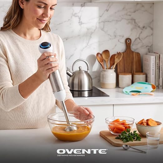 OVENTE Cordless Immersion Hand Blender, 300W Rechargeable White HR995W | Handheld Portable Mixer with Speed Pulse Activating Sensor and Stainless Steel Blades for Smoothies, Shakes, or Baby Food