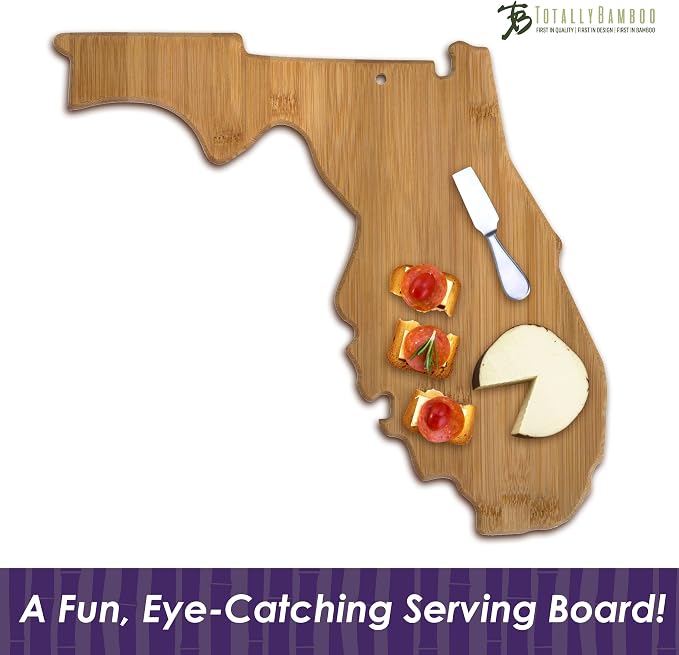 Totally Bamboo Florida State Shaped Serving & Cutting Board | State charcuterie board with natural bamboo grain. Knife-friendly surface for food prep. Hang tie for wall display.