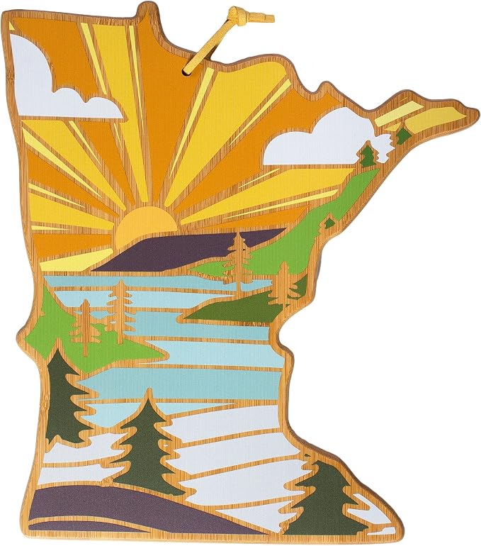 Totally Bamboo Minnesota State Shaped Cutting Board, Summer Stokes Art | State charcuterie board with colorful hand-drawn landscape art. Smooth reverse side for food prep. Hang tie for wall display.