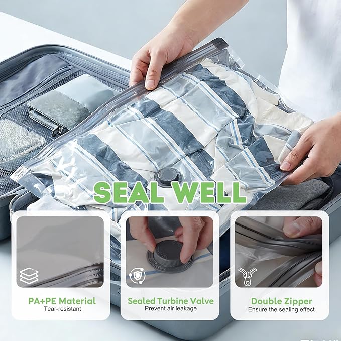9 Pack Vacuum Seal Bags for Clothing Travel with -60000Pa USB Pump, Save 80% of Space for Clothes (9 Combo Size)