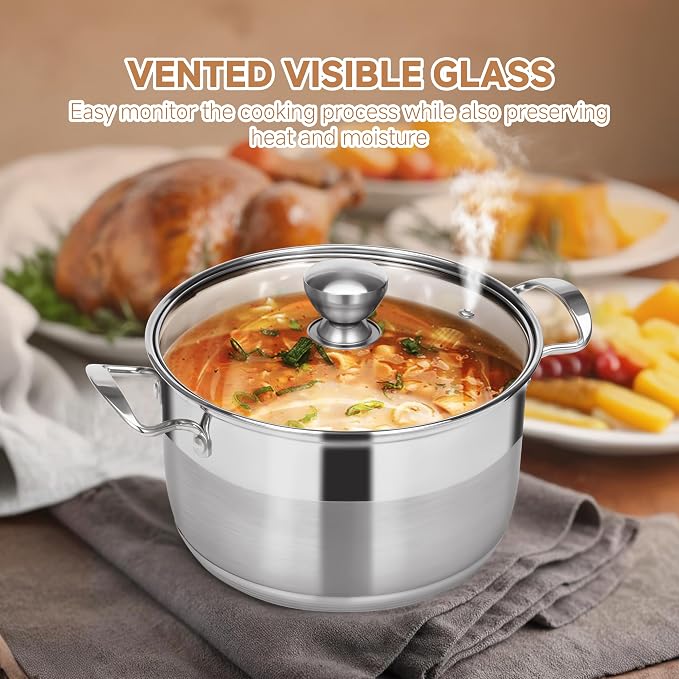 Ohtomber Stainless Steel 8 Quart Induction Stock Pot with Lid | Thick Base Cookware, Heavy Duty, Induction Ready, Ideal for Soup Pasta Stew Simmering Boiling & Canning, Deep Cooking Pot