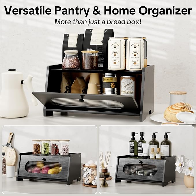 Black Bread Box for Kitchen Countertop,Large Capacity Kitchen Countertop Organizer,Bread Storage with Acrylic Window for Cabinet,Pantry,Cupboard