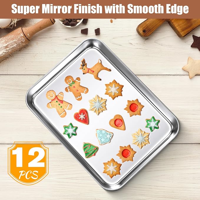 Potchen 12 Pcs Baking Sheet Pan Set Stainless Steel Cookie Sheet Small Toaster Oven Pans Tray Barbecue Grill Pan Rectangle Trays Oven Freezer Bakery, Non-stick, Easy Clean, 9 x 6.7 x 1 Inches