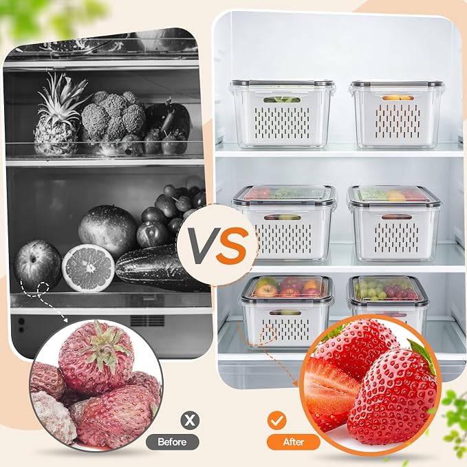 Fruit Storage Containers for Fridge, 3 Pack Plastic Food Storage Container | Produce Storage with Removable Colander, Refrigerator Organizers Keep Fruits Berry Veggie Salad Fresh Longer, Dishwasher Safe