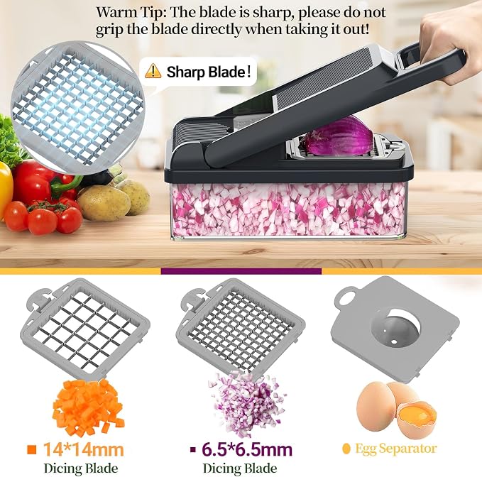 15-in-1 Vegetable Chopper 10 Blades, Veggie Cutter with Handle, Grey | Stainless Steel Blades, Food Container and Lid, Dicer, Slicer, Julienne, Egg Separator, Non-slip Base, Include Cleaning Tools
