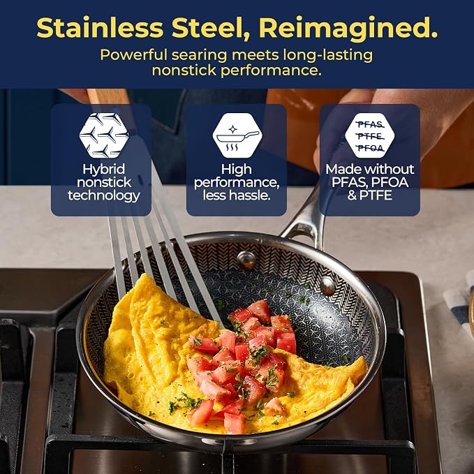 8 Inch Hybrid Nonstick Frying Pan with Lid, Tri-Ply Stainless Steel Pan with Non-Toxic Ceramic Coating, FDA Compliant & PFAS-Free, Dishwasher & Oven Safe, Induction & All Cooktops Compatible