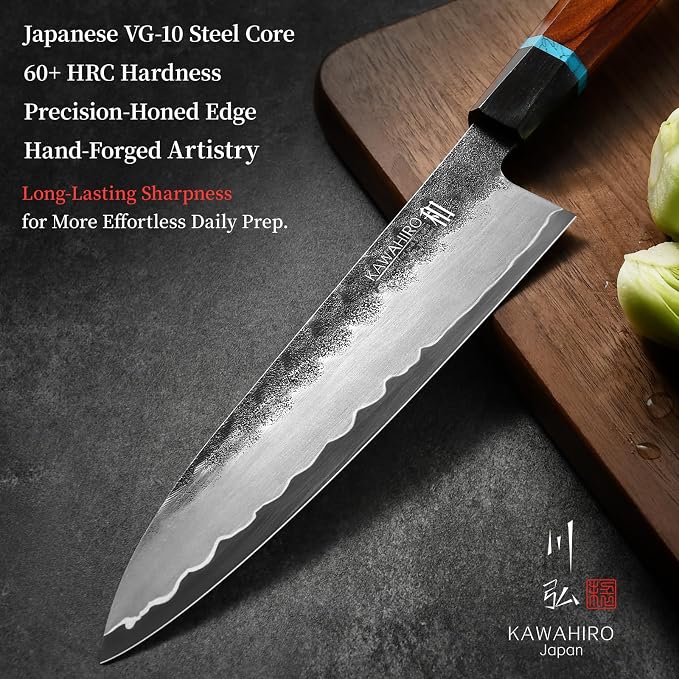 8.27 Inch Japanese Chef Knife, Hand-Forged VG10 for Precise Cuts | Hand-sharpened edge, distal taper, balanced octagonal wood handle, black-forged finish, red velvet-lined wooden gift box