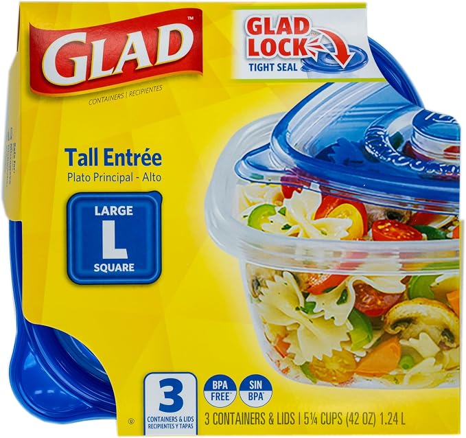 Glad GladWare Tall Entree Containers, Large Square, 42 Oz, 3 Count | Lock-tight seal for meal prep and lunches in a tall square format; microwave and dishwasher safe