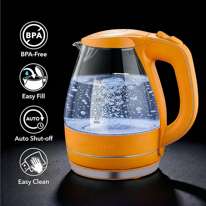 OVENTE 1.5L Glass Electric Kettle Water Boiler, Orange KG83O | 1100W Fast Boiling, Borosilicate Glass, BPA-Free, Blue LED, Auto Shut-Off, Boil-Dry Protection, Removable Filter, 360° Base