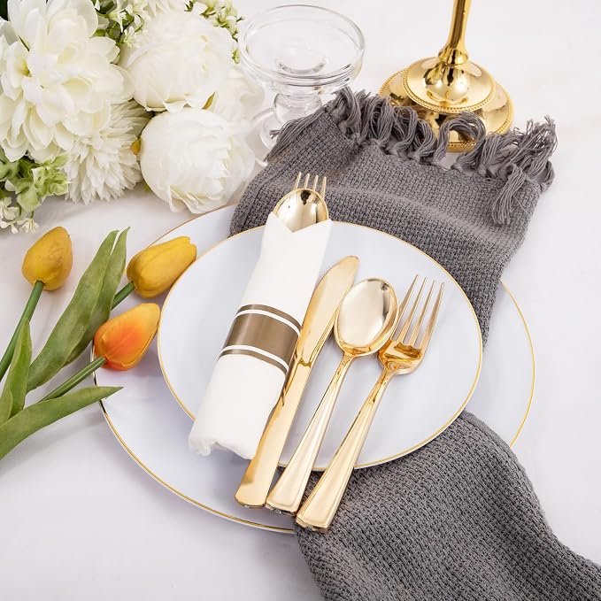 120 Pack Gold Plastic Silverware Wrapped Cutlery Set with Napkin | Heavy Duty Pre Rolled Disposable Gold Utensils Wrapped Flatware Cutlery Set for Wedding, Party & Catering