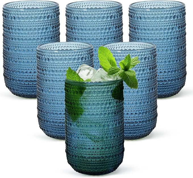 CHLJAR Vintage Glassware Drinking Glasses Set of 6, 14 oz hobnail drinking glasses, Embossed Blue Water Tumbler for Cocktail Whiskey Wine Beer Juice, Old Fashioned Beaded Glasses, Blue