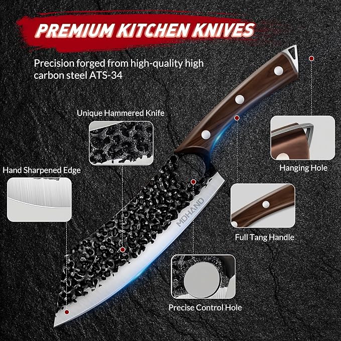 Butcher Knife Set, Serbian Chef Knife Set with Roll Bag Gift for Men | Hand Forged Full Tang 12PCS Kitchen Knife Set, Ebony Handle, High Carbon Steel Meat Cleaver for Brisket Trimming, Camping BBQ