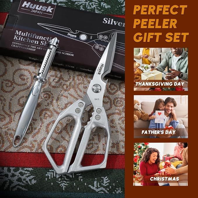 Huusk Kitchen Scissors and Vegetable Peelers Set, Gifts for Women | Multifunction Japanese Stainless Steel Kitchen Shears & Potato Peeler, Ergonomic Non-Slip Handle Design, Easy to Clean