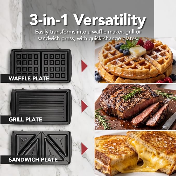 OVENTE Electric Sandwich, Panini and Waffle Maker Set, Black GPI202B | 3 Removable Non-Stick Plates, 750 Watts, Perfect for Grilled Cheese, Tuna Melts, Burgers, Steaks and Snacks