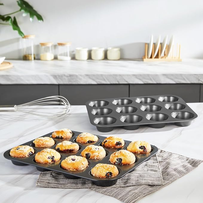 Muffin Pan for Baking, Nonstick Cupcake Tin 12 Cup, 2 Pack Cup Cake Tray, Premium Cheesecake Pans, Dishwasher Safe - Dark Grey