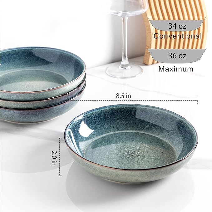 AmorArc 8.5’’ Ceramic Pasta Bowls Set of 4, 36oz Large Stoneware Bowls Set | Large Dinner Serving Bowls Set, Wide Bowl Plate for Pasta,Salad, Soup, Microwave Safe, Reactive Glaze-Ceylon Blue
