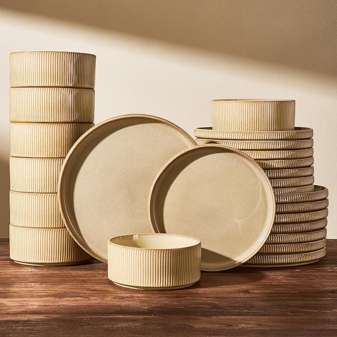 Stoneware Dinnerware Sets, Reactive Glaze Dishes Set for 8 | 24-Piece Handmade Ceramic Plates and Bowls, Microwave and Dishwasher Safe, Chip and Scratch Resistant, Modern Rustic, Cream