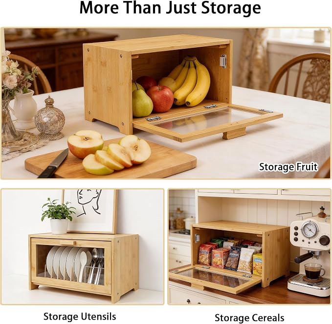 Bamboo Bread Box for Kitchen Countertop,Large Bread Storage Container with window,Modern Bread Storage Bin for Homemade Bread Organizer (Single Layer)