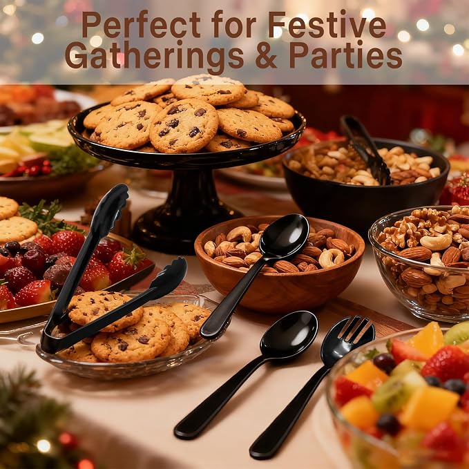 24 Pcs Black Plastic Serving Utensils Set - Heavy Duty Disposable Serving Spoons, Forks & Tongs (8 of Each) - BPA-Free Catering Supplies for Buffets, Parties, Weddings & Events